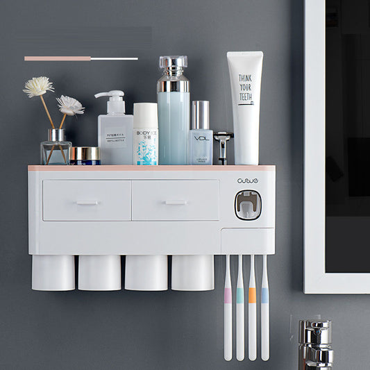 Wall-mounted toothbrush holder wash set household magnetic multi-purpose single drawer storage rack with toothpaste squeezer
