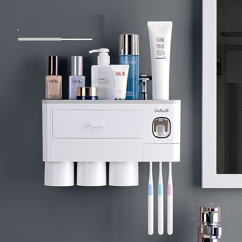 Wall-mounted toothbrush holder wash set household magnetic multi-purpose single drawer storage rack with toothpaste squeezer